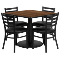36'' Square Walnut Laminate Table Set with Round Base and 4 Ladder Back Metal Chairs - Black Vinyl Seat