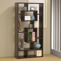 Geometric bookcase with varying boxes creates an eye-catching display for books and collectiblesTen (10) shelves provide ample display spaceMDF, particle board, and laminate constructionAlso available white and weathered grey