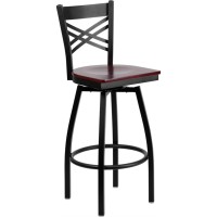 HERCULES Series Black ''X'' Back Swivel Metal Barstool - Mahogany Wood Seat