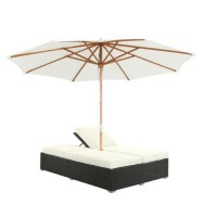 Modway Arrival Wicker Rattan Outdoor Patio Upholstered Double Chaise Lounge Chair In Espresso White With Umbrella