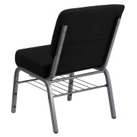 Hercules Series 21''W Church Chair In Black Fabric With Book Rack - Silver Vein Frame
