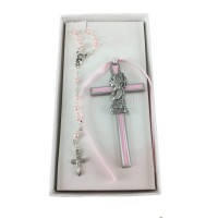 Girl Crib Cross and Rosary set Cross is 3 1/2 inches great baptism christening gift keepsake gift