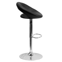 Contemporary Black Vinyl Rounded Orbit-Style Back Adjustable Height Barstool with Chrome Base