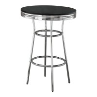 1950s retro style round soda fountain bar set with tabletop finished in blackElectroplated chrome metal base has iconic ribbed apronSteel and MDF constructionAlso available in white (Table: #2300, Stool: #2299W)