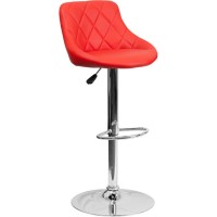 Contemporary Red Vinyl Bucket Seat Adjustable Height Barstool With Diamond Pattern Back And Chrome Base