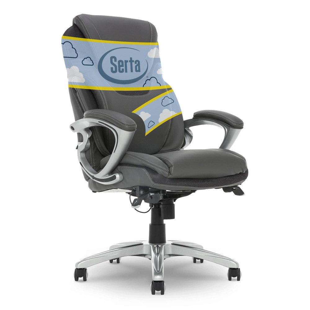 Serta Air Health And Wellness Executive Office Chair High Back Ergonomic For Lumbar Support Task Swivel, Bonded Leather, Light Gray