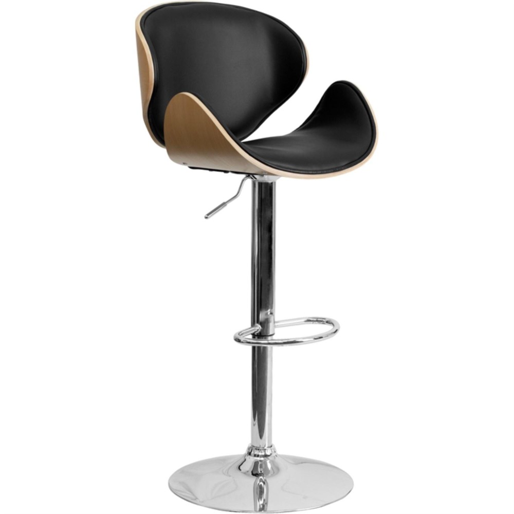 Beech Bentwood Adjustable Height Barstool with Curved Back and Black Vinyl Seat