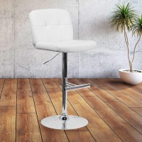 Flash Furniture Contemporary White Vinyl Adjustable Height Barstool With Square Tufted Back And Chrome Base