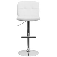 Flash Furniture Contemporary White Vinyl Adjustable Height Barstool With Square Tufted Back And Chrome Base