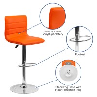 Flash Furniture Vincent Modern Orange Vinyl Adjustable Bar Stool With Back, Swivel Stool With Chrome Pedestal Base And Footrest