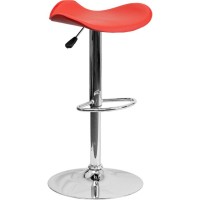 Contemporary Red Vinyl Adjustable Height Barstool With Wavy Seat And Chrome Base