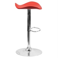 Contemporary Red Vinyl Adjustable Height Barstool With Wavy Seat And Chrome Base