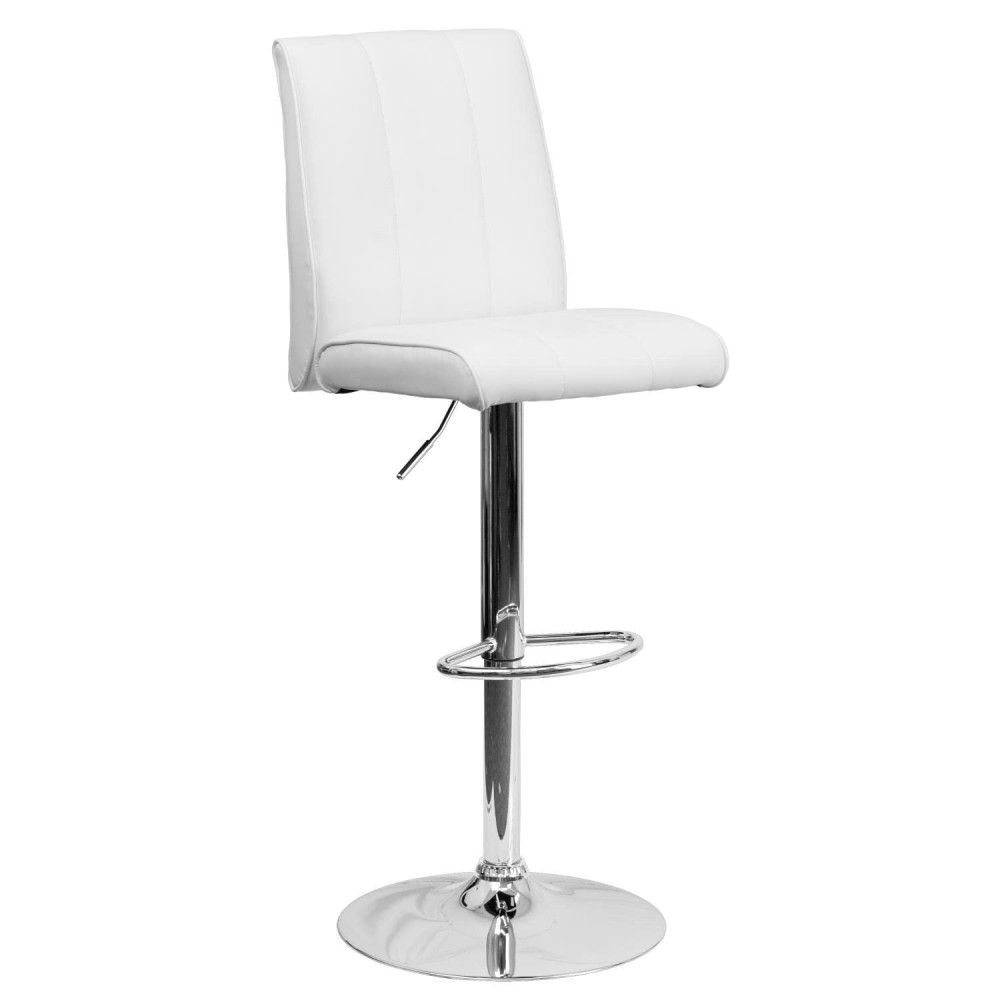 Flash Furniture Contemporary White Vinyl Adjustable Height Barstool With Vertical Stitch Panel Back And Chrome Base