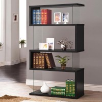 Modern bookcase with contemporary geometric profileFeatures clear tempered glass panels and four (4) tiers of shelving for a modern arrangement of books or collectiblesGlass, MDF, particle board, and laminate constructionAvailable in black and white