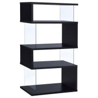 Modern bookcase with contemporary geometric profileFeatures clear tempered glass panels and four (4) tiers of shelving for a modern arrangement of books or collectiblesGlass, MDF, particle board, and laminate constructionAvailable in black and white