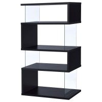 Modern bookcase with contemporary geometric profileFeatures clear tempered glass panels and four (4) tiers of shelving for a modern arrangement of books or collectiblesGlass, MDF, particle board, and laminate constructionAvailable in black and white