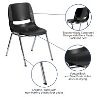 Flash Furniture Hercules Series 880 Lb. Capacity Black Ergonomic Shell Stack Chair With Chrome Frame And 18'' Seat Height