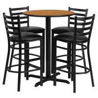 30'' Round Natural Laminate Table Set with X-Base and 4 Ladder Back Metal Barstools - Black Vinyl Seat