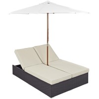 Modway Arrival Wicker Rattan Outdoor Patio Upholstered Double Chaise Lounge Chair In Espresso Mocha With Umbrella