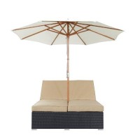 Modway Arrival Wicker Rattan Outdoor Patio Upholstered Double Chaise Lounge Chair In Espresso Mocha With Umbrella