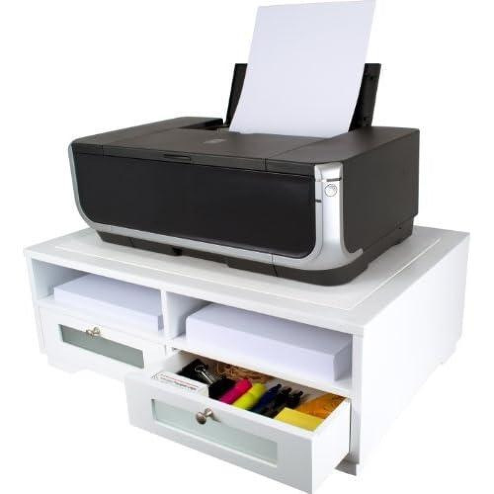 Victor Midnight Black Collection W1130 Wood Printer Stand With Two Drawers And Two Storage Slots, No Assembly Required, Pure White