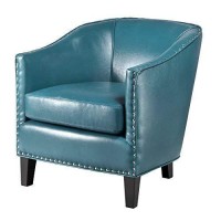 Madison Park Fremont Accent Chairs-Hardwood, Plywood, Faux Leather, Bedroom Lounge Mid Century Modern Deep Seating, Club Style Barrel Armchair, Living Room Furniture, See Below, Blue