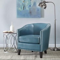 Madison Park Fremont Accent Chairs-Hardwood, Plywood, Faux Leather, Bedroom Lounge Mid Century Modern Deep Seating, Club Style Barrel Armchair, Living Room Furniture, See Below, Blue