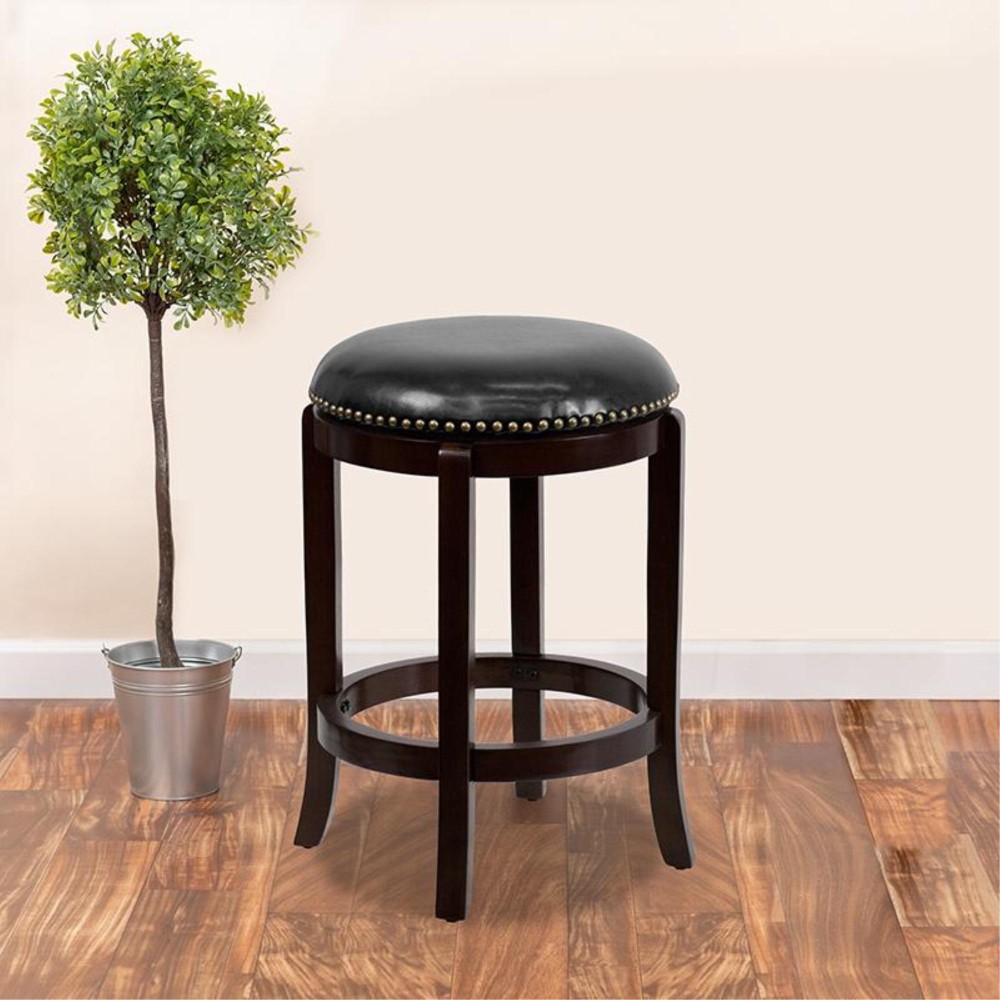 24 High Backless Cappuccino Wood Counter Height Stool With Black Leathersoft Swivel Seat