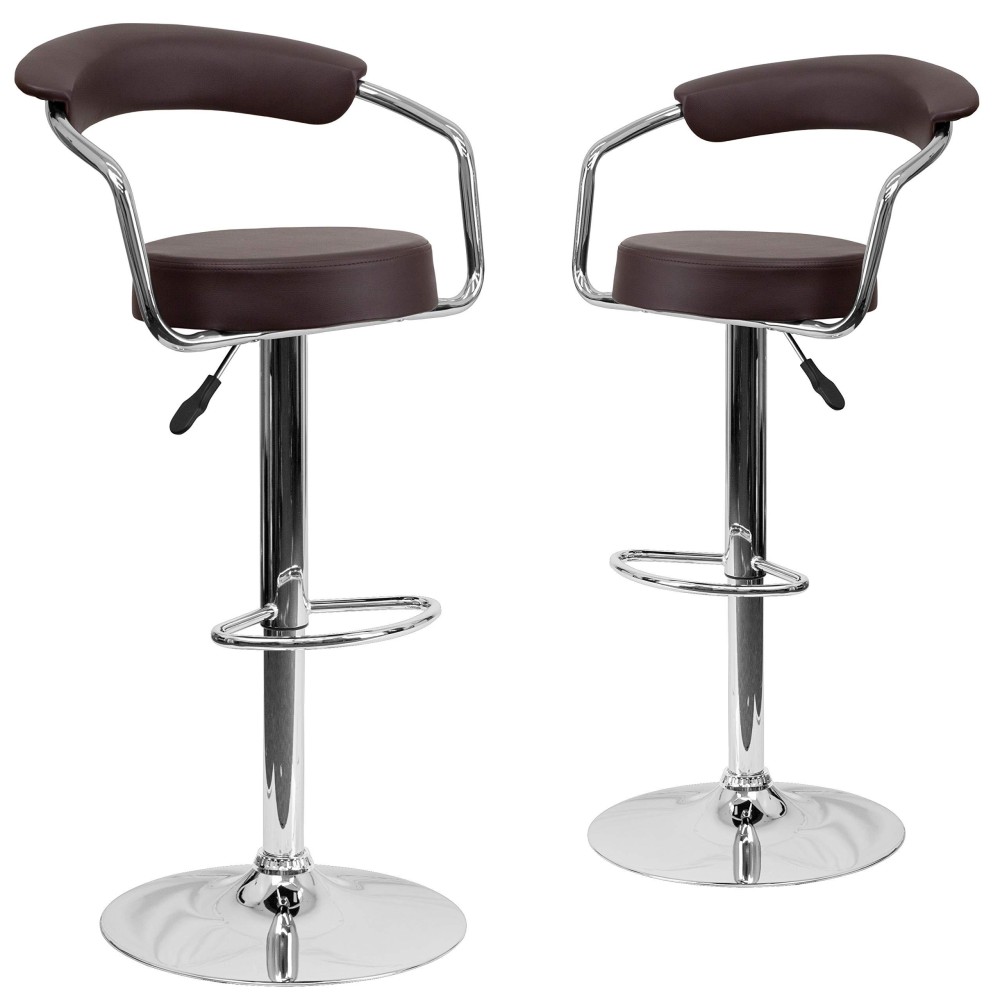 Flash Furniture Cruz Contemporary Brown Vinyl Adjustable Height Barstool With Arms And Chrome Base