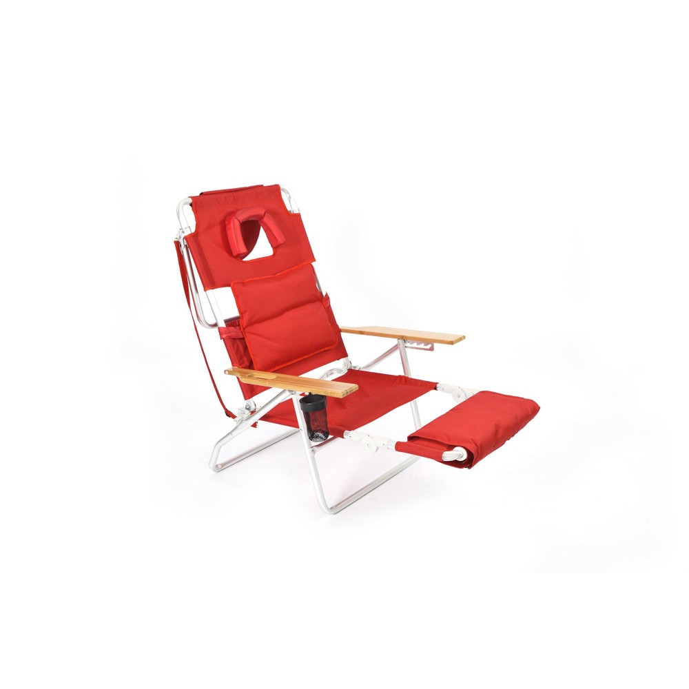 Ostrich Deluxe 3 In 1 Beach Chair With Face Opening - Portable, Reclining Lounger For Tanning - Face Hole For Reading On Stomach - Padded Footrest, Removable Pillow - Aluminum (Red)