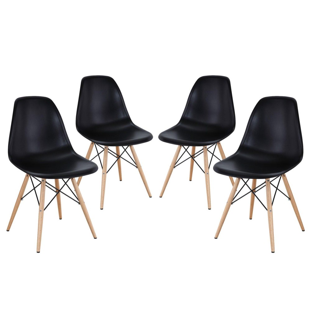 Modway Pyramid Mid-Century Modern With Natural Wood Legs, Four Dining Side Chairs, Black