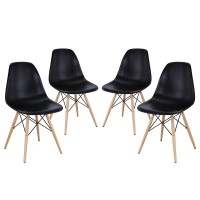 Modway Pyramid Mid-Century Modern With Natural Wood Legs, Four Dining Side Chairs, Black