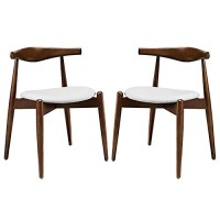 Modway Stalwart Mid-Century Modern Faux Leather Upholstered Two Dining Chairs In Dark Walnut White