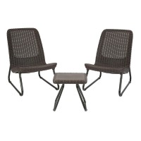 Keter Rio 3 Piece Resin Wicker Patio Furniture Set With Side Table And Outdoor Chairs, Brown