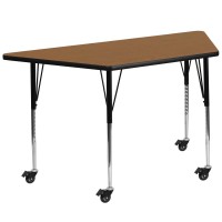 Mobile 29''W X 57''L Trapezoid Oak Thermal Laminate Activity Table - Standard Height Adjustable Legs