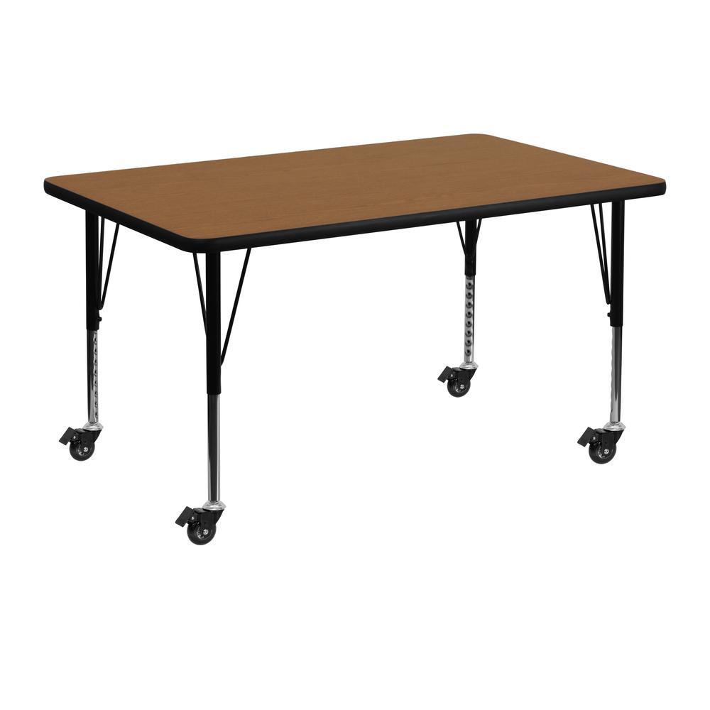 Mobile 30''W X 48''L Rectangular Oak Thermal Laminate Activity Table - Height Adjustable Short Legs