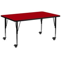 Mobile 30''W X 72''L Rectangular Red Thermal Laminate Activity Table - Height Adjustable Short Legs