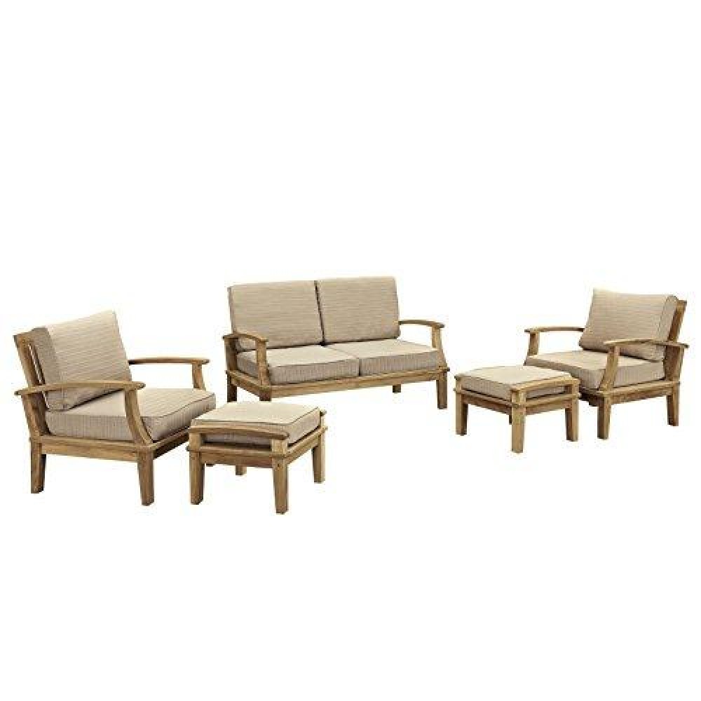 Modway Marina 5 Piece Outdoor Patio Teak Sofa Set In Natural Tan