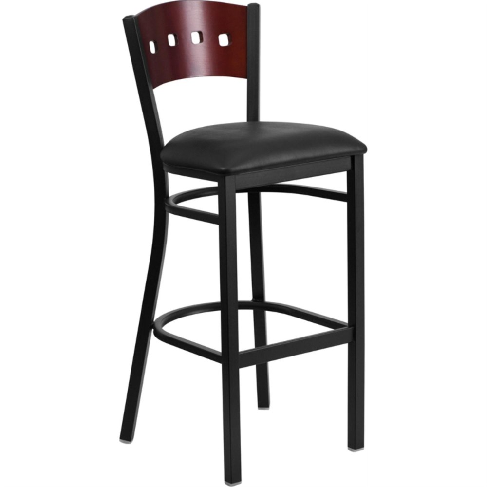 HERCULES Series Black 4 Square Back Metal Restaurant Barstool - Mahogany Wood Back, Black Vinyl Seat