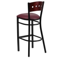 HERCULES Series Black 4 Square Back Metal Restaurant Barstool - Mahogany Wood Back, Burgundy Vinyl Seat