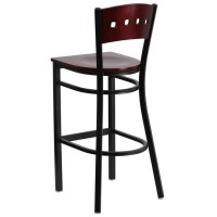 HERCULES Series Black 4 Square Back Metal Restaurant Barstool - Mahogany Wood Back & Seat