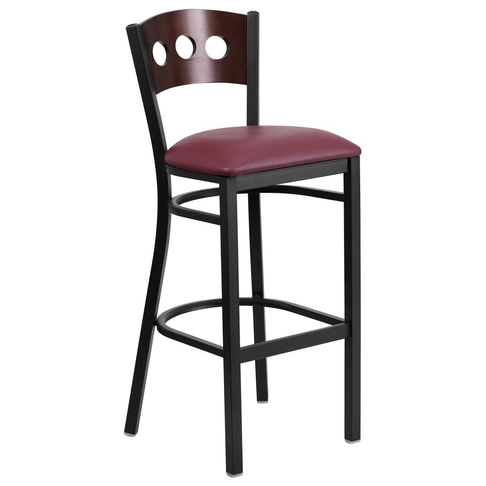 Flash Furniture Hercules Series Black 3 Circle Back Metal Restaurant Barstool - Walnut Wood Back, Burgundy Vinyl Seat