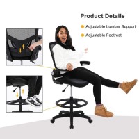 Drafting Chair Ergonomic Tall Office Chair Standing Desk Chair With Flip Up Arms Foot Rest Back Support Adjustable Height Mesh Drafting Stool, Black