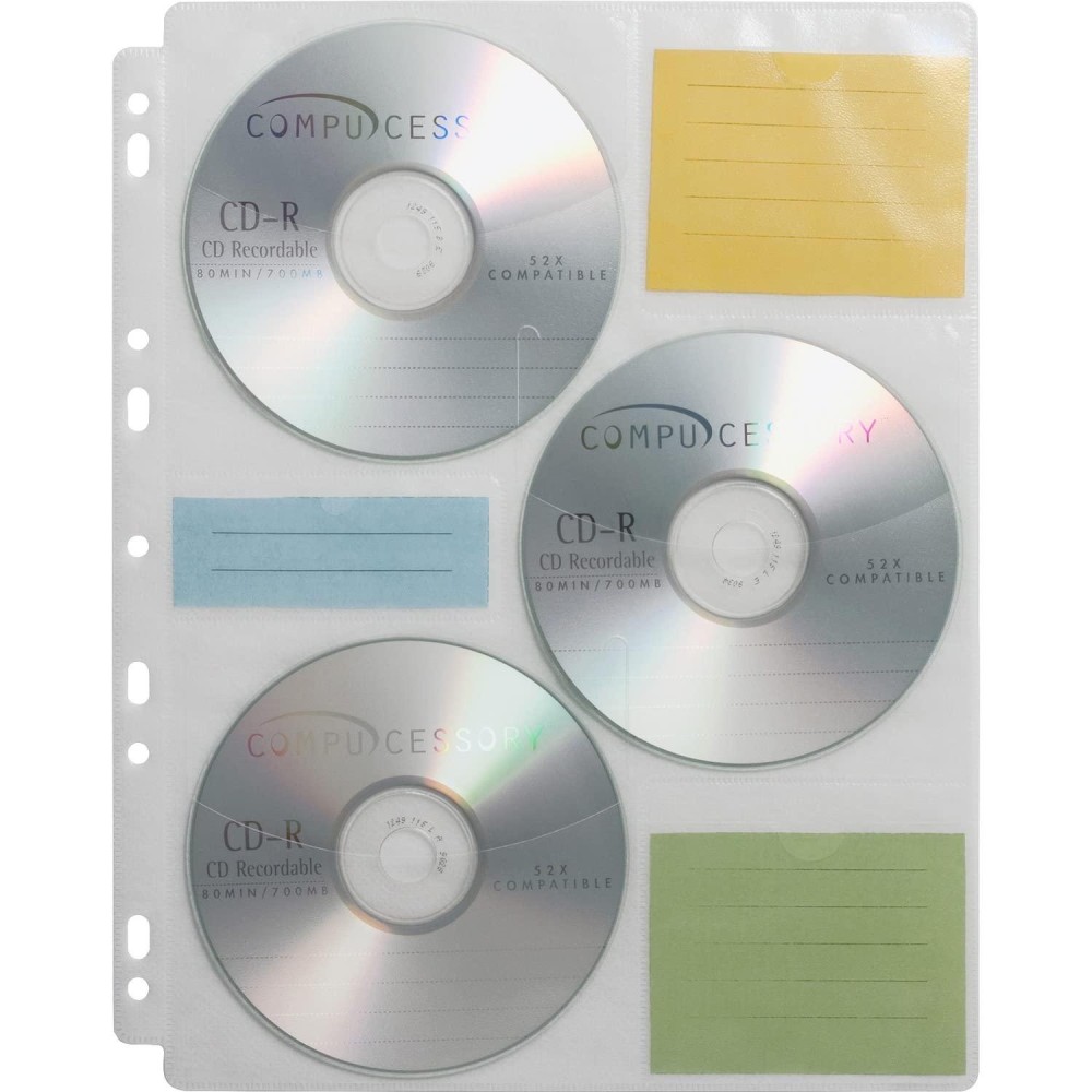 Compucessory CD/DVD Ring Binder Storage Pages - 6 CD/DVD Capacity - 9 x Holes - Polypropylene - 25 / Pack - Clear