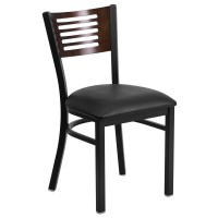 Hercules Series Black Slat Back Metal Restaurant Chair - Walnut Wood Back, Black Vinyl Seat