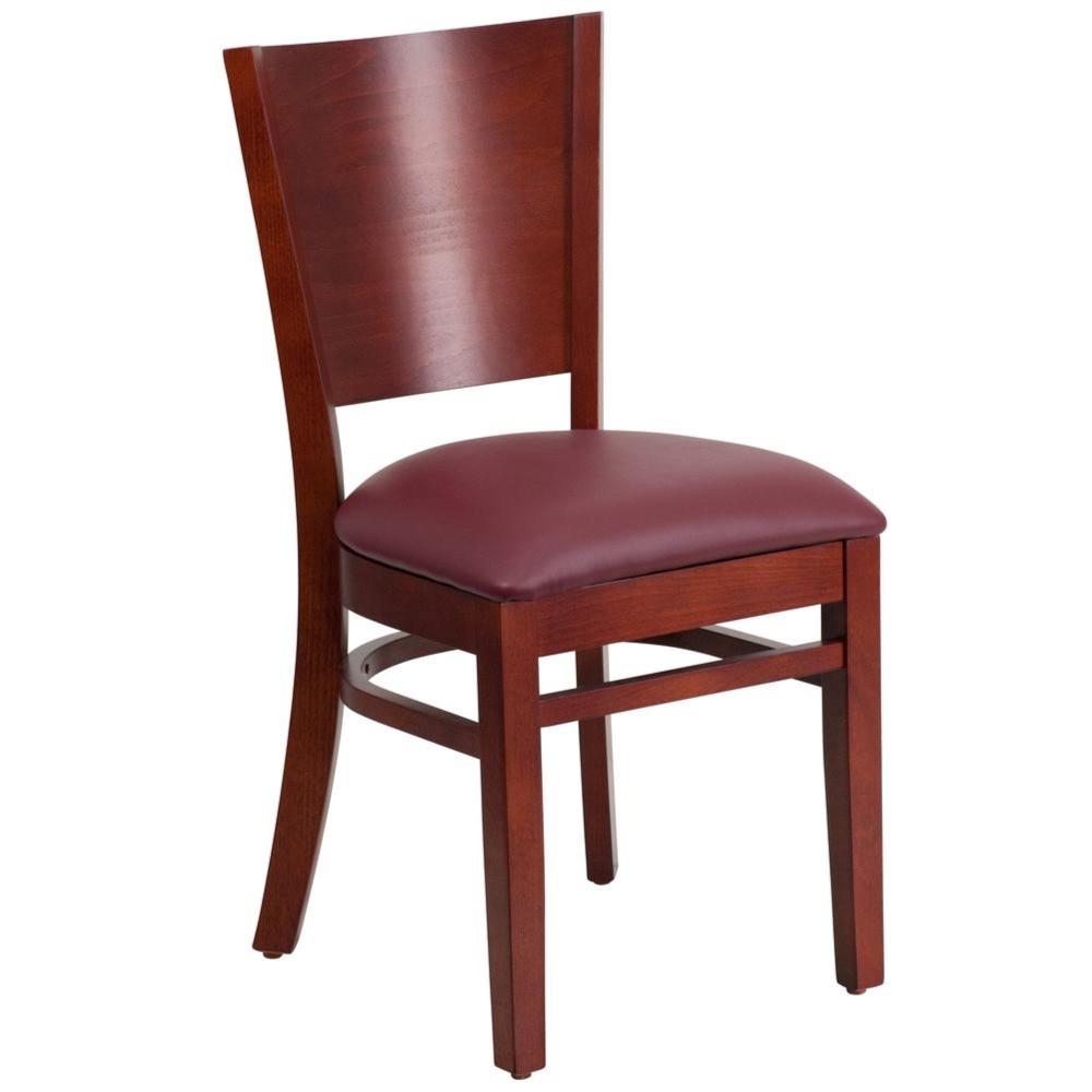 Lacey Series Solid Back Mahogany Wood Restaurant Chair Burgundy Vinyl Seat