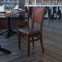 Flash Furniture Lacey Series Solid Back Walnut Wood Restaurant Chair - Black Vinyl Seat