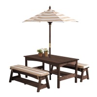 Kidkraft Outdoor Wooden Table Bench Set With Cushions And Umbrella Kids Backyard Furniture Espresso With Oatmeal And White S