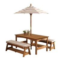 Kidkraft Outdoor Wooden Table Bench Set With Cushions And Umbrella Kids Backyard Furniture Espresso With Oatmeal And White S