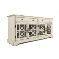 Koi 70 Inch Acacia Wood Sideboard Buffet TV Entertainment console, 4 glass Doors, crossed Wood Design, Antique White(D0102H7ULXJ)